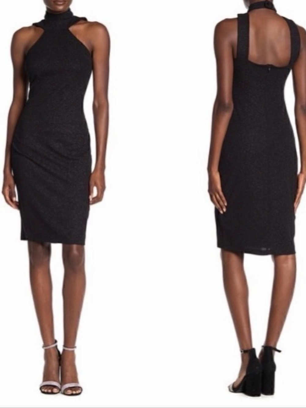 NWT Bebe Black Mock Neck Halter Bodycon Midi Dress | Women’s 6